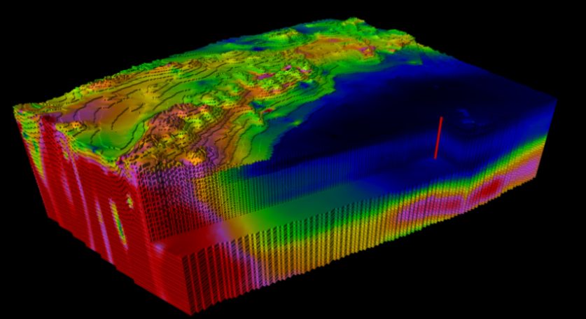 Three-dimensional geological model rendered in colour bands