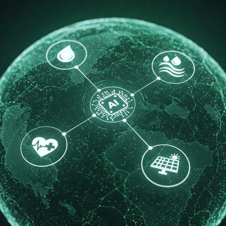 Globe illustration linking energy, water and health icons around an AI core