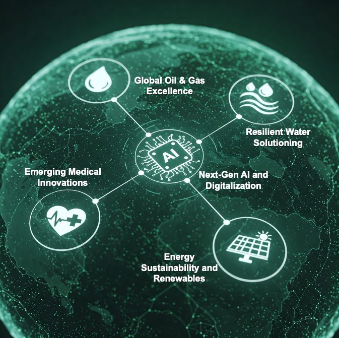 Globe graphic showing Senergy's five GREEN services around an AI core: Global Oil and Gas Excellence, Resilient Water Solutioning, Next-Gen AI and Digitalisation, Energy Sustainability and Renewables, Emerging Medical Innovations